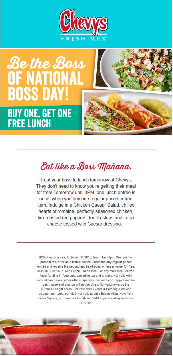 Chevys Coupon April 2024 Second lunch free today at Chevys Fresh Mex
