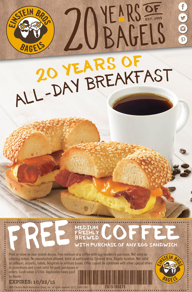 Einstein Bros Bagels Coupon April 2024 Free coffee with your egg sandwich at Einstein Bros Bagels
