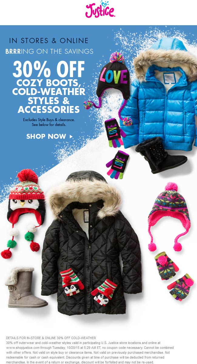 Justice Coupon April 2024 Cold weather gear is 30% off at Justice, ditto online