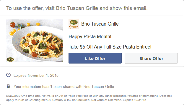 Brio Tuscan Grille Coupon April 2024 $5 off your entree at Brio Tuscan Grille
