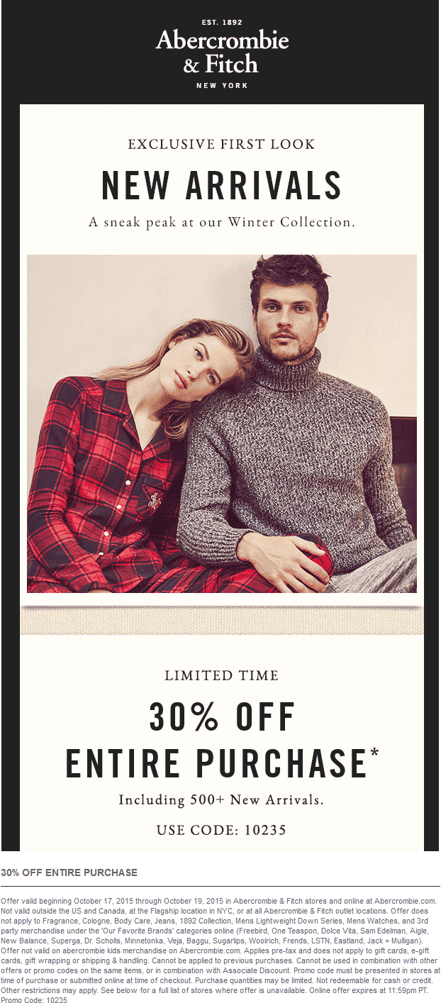 Abercrombie & Fitch Coupon April 2024 30% off at Abercrombie & Fitch, or online via promo code 10235