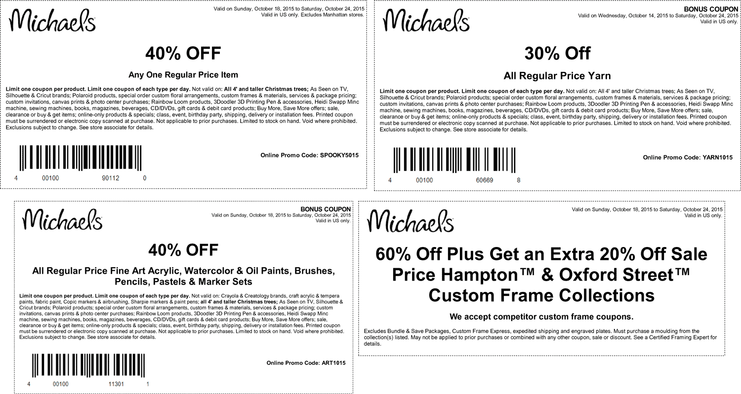 Michaels Coupon April 2024 40% off a single item & more at Michaels, or online via promo code SPOOKY5015