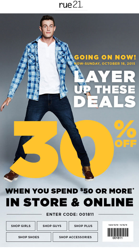 Rue21 Coupon April 2024 30% off $50 today at rue21, or online via promo code 001811