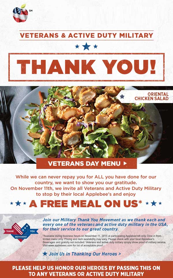 Applebees Coupon April 2024 Veterans eat free the 11th at Applebees