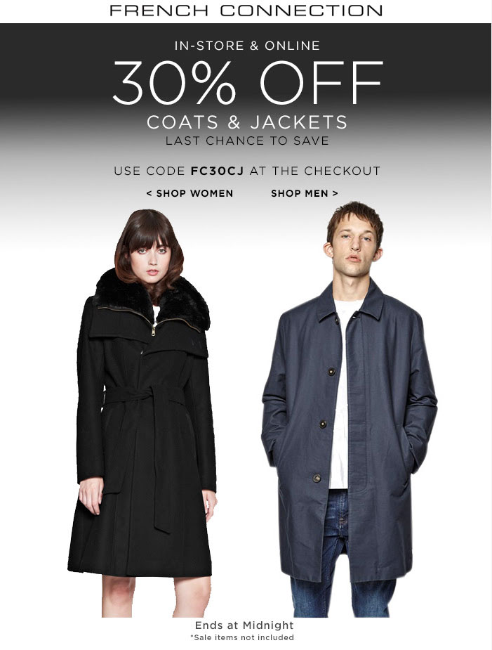 French Connection Coupon April 2024 30% off jackets today at French Connection, or online via promo code FC30CJ