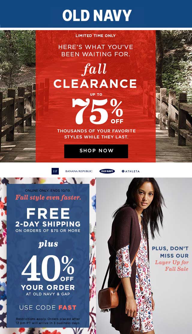 Old Navy Coupon April 2024 40% off online today at Old Navy & Gap via promo code FAST