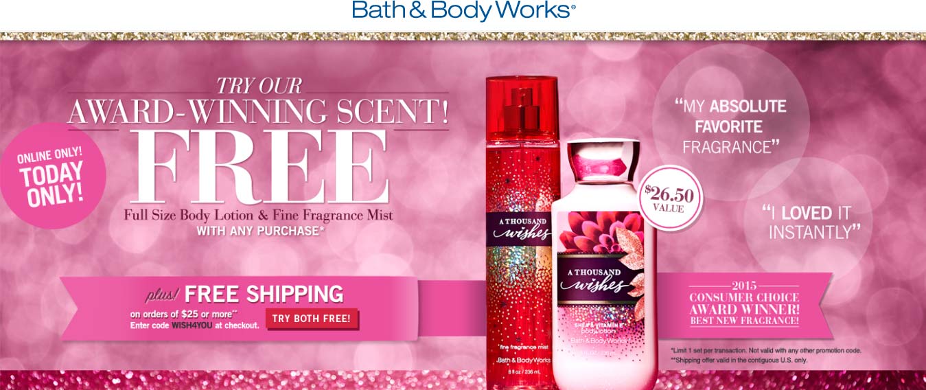 Bath & Body Works Coupon March 2024 $26 full size lotion + full size mist free with any order online today at Bath & Body Works (10/20)