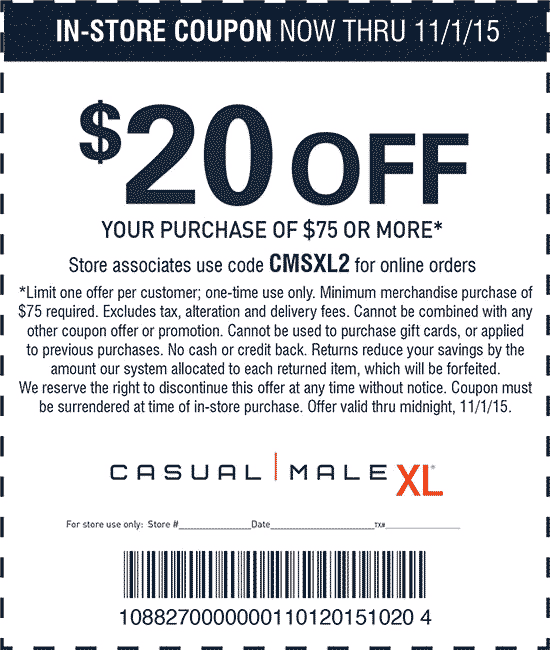 Casual Male XL Coupon April 2024 $20 off $75 at Casual Male XL, or online via promo code CMSXL2