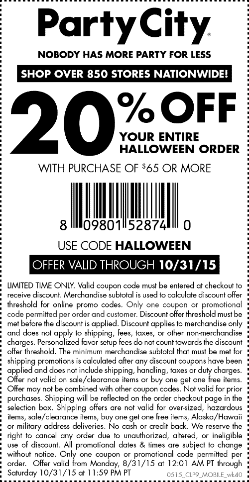 Party City Coupon April 2024 20% off $65 at Party City, or online via promo code HALLOWEEN