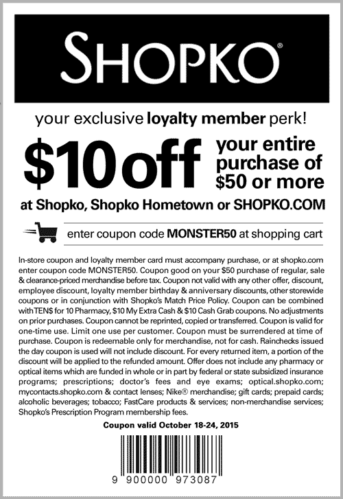 Shopko Coupon April 2024 $10 off $50 at Shopko, or online via promo code MONSTER50