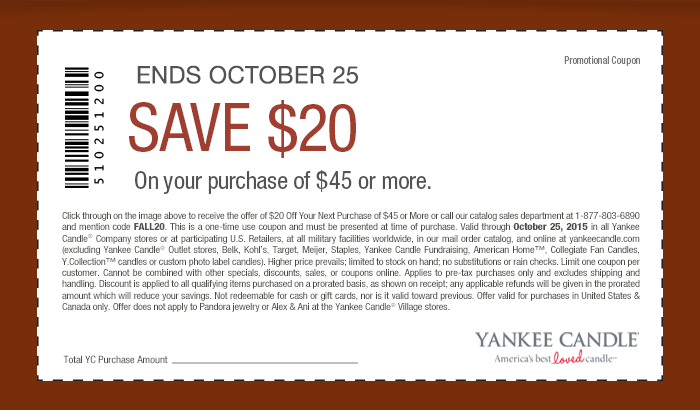 Yankee Candle Coupon April 2024 $20 off $45 at Yankee Candle, or online via promo code FALL20