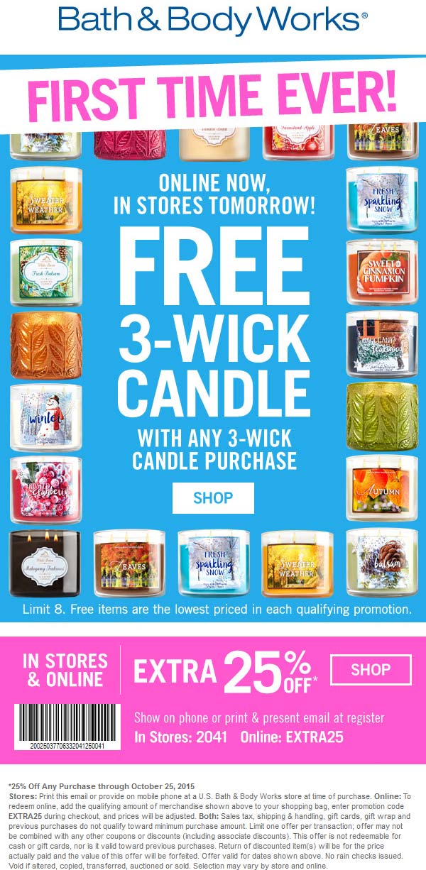 Bath & Body Works Coupon March 2024 Extra 25% off at Bath & Body Works, or online via promo code EXTRA25