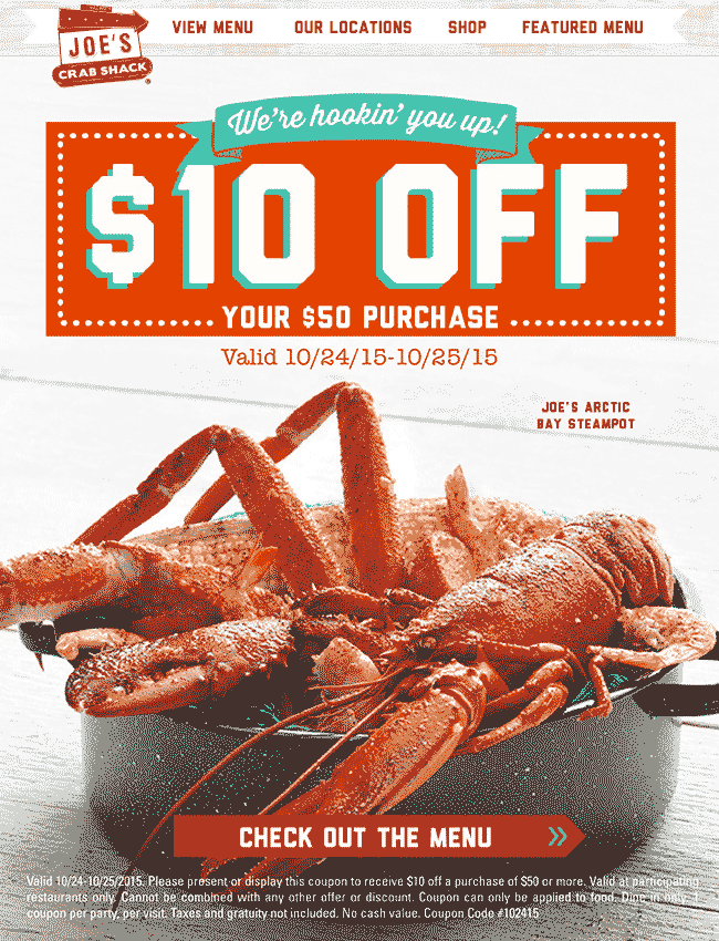 Joes Crab Shack Coupon April 2024 $10 off $50 at Joes Crab Shack