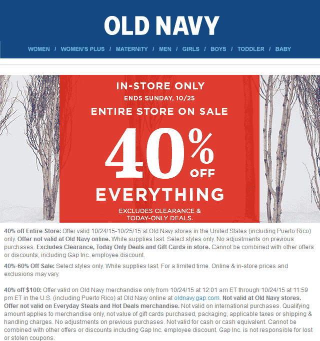 Old Navy Coupon April 2024 40% off everything at Old Navy, or 40% off $100 online Saturday via promo code ENJOY