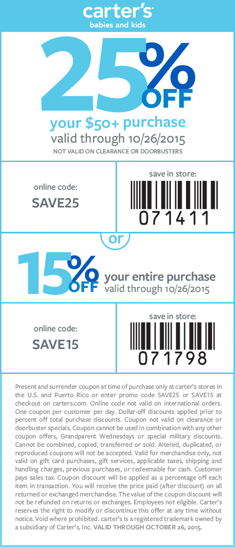 Carters Coupon March 2024 15-25% off at Carters, or online via promo code SAVE15
