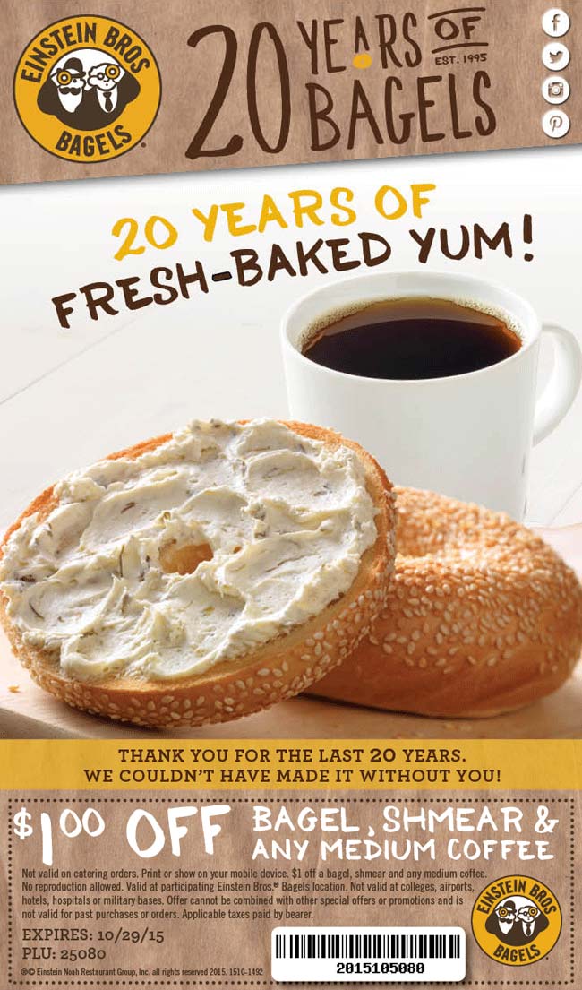 Einstein Bros Bagels Coupon April 2024 Shave a buck off your bagel & coffee at Einstein Bros Bagels