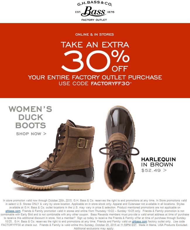 G.H. Bass & Co Factory Coupon March 2024 Extra 30% off today at G.H. Bass & Co Factory locations, or online via promo code FACTORYFF30