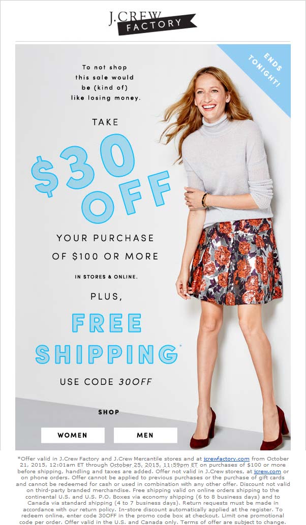 J.Crew Factory Coupon April 2024 30% off $100 today at J.Crew Factory locations, or online via promo code 30OFF