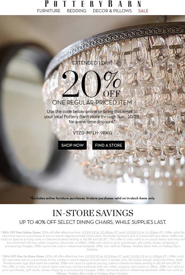Pottery Barn Coupon April 2024 20% off a single item today at Pottery Barn