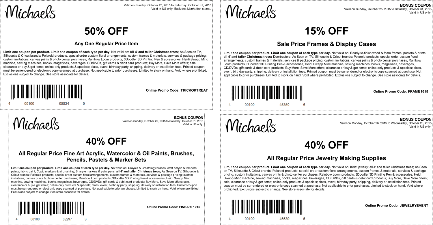 Michaels Coupon March 2024 50% off a single item & more at Michaels, or online via promo code TRICKORTREAT