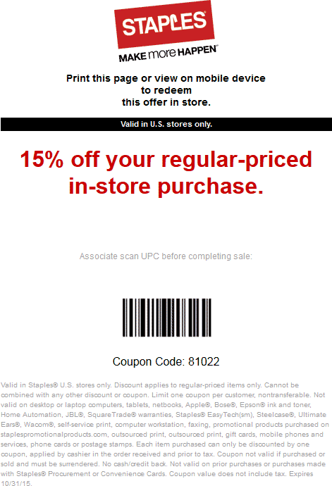 Staples Coupon April 2024 15% off at Staples