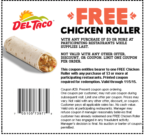 Del Taco Coupon April 2024 Free chicken roller with $3 spent at Del Taco