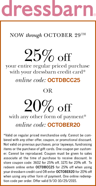 Dressbarn Coupon March 2024 20% off at Dressbarn, or online via promo code OCTOBER20