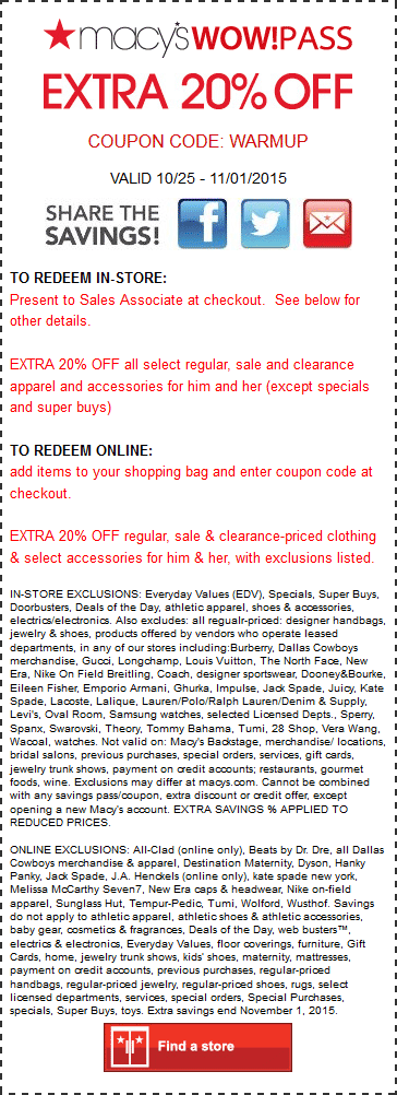 Macys Coupon April 2024 Extra 20% off at Macys, or online via promo code WARMUP