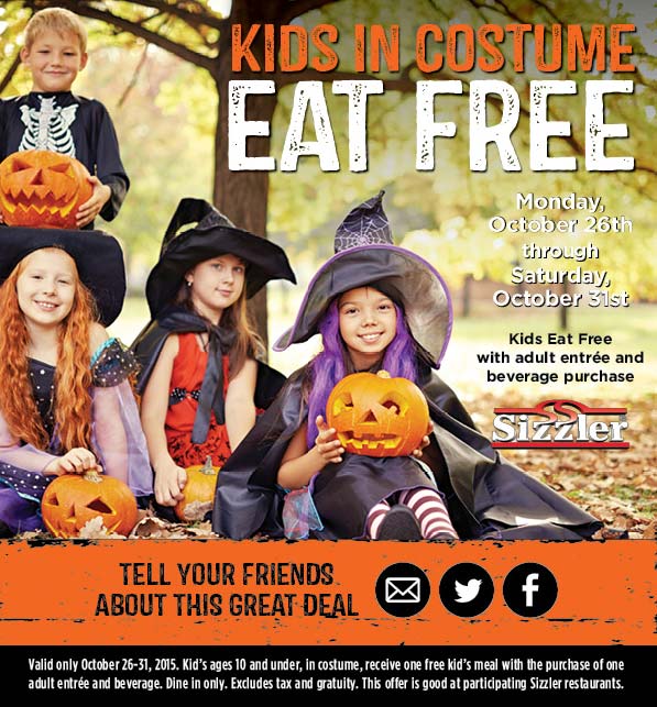 Sizzler Coupon April 2024 Kids in costume eat free with your entree at Sizzler