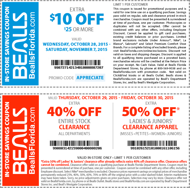 Bealls Coupon April 2024 $10 off $25 at Bealls, or online via promo code APPRECIATE