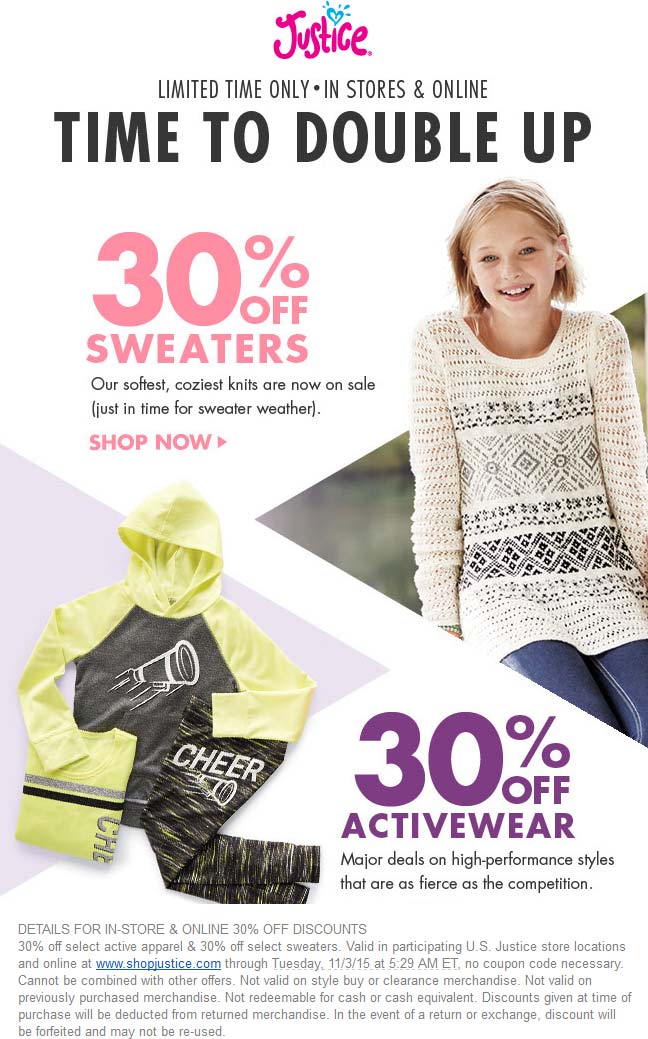 Justice Coupon April 2024 Activewear & sweaters are 30% off at Justice, ditto online