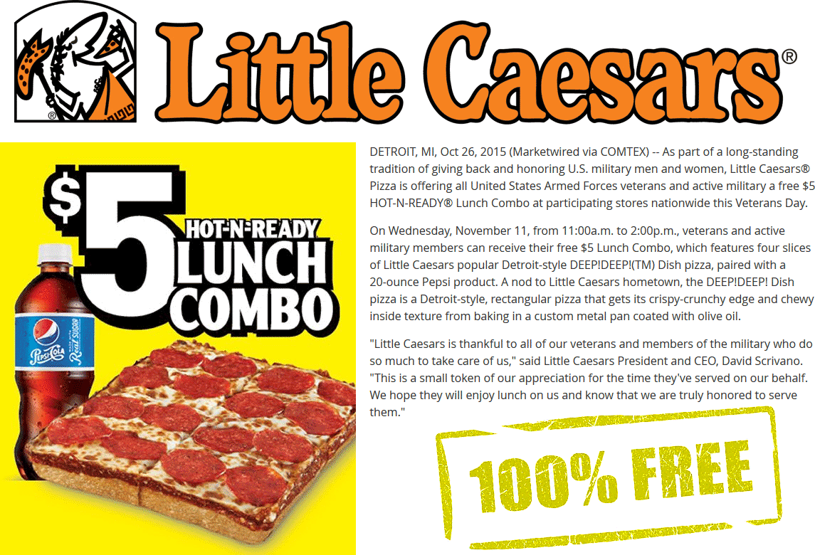 Little Caesars Coupon April 2024 $5 lunch combo free for military & veterans the 11th at Little Caesars pizza