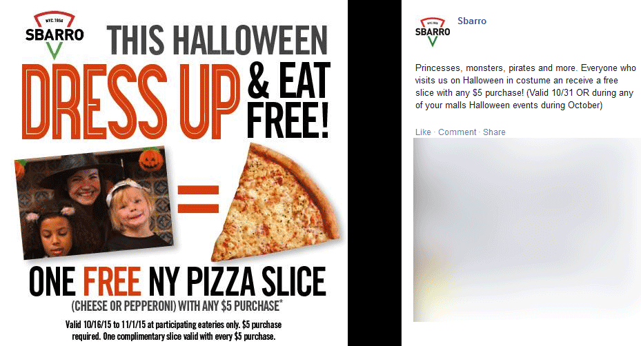 Sbarro Coupon April 2024 Free pizza slice with $5 spent in costume at Sbarro