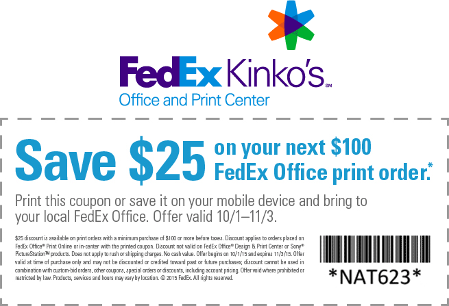 FedEx Coupon April 2024 $25 off $100 at FedEx Kinkos office print center