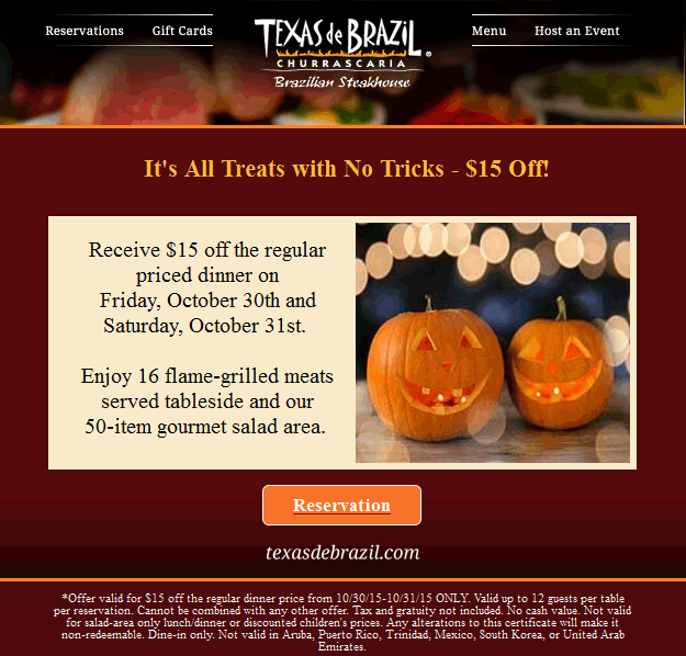 Texas de Brazil Coupon April 2024 $15 off dinner today at Texas de Brazil steakhouse