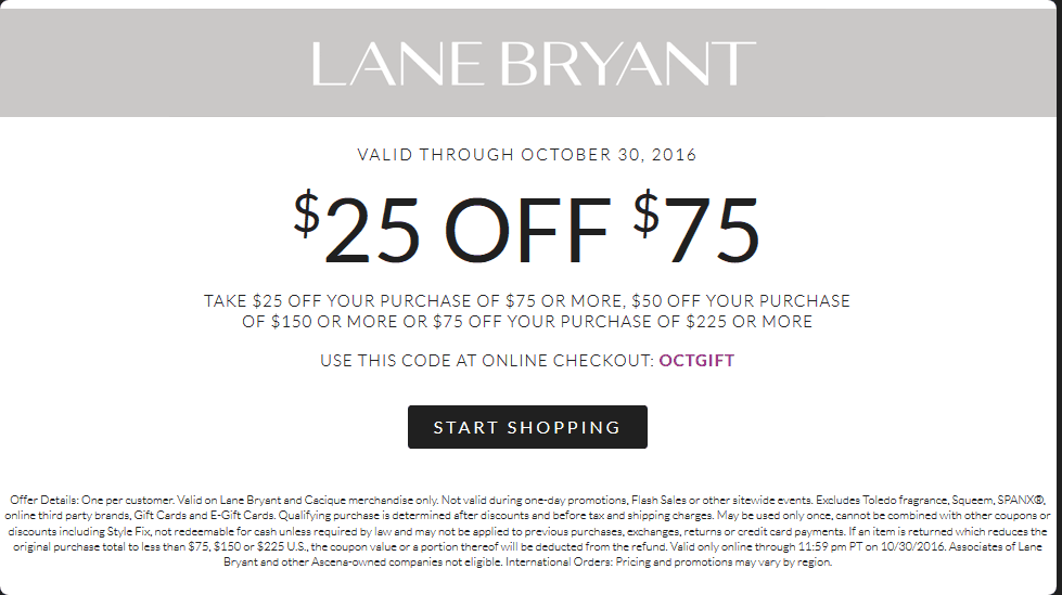 Lane Bryant Coupon April 2024 $25 off $75 at Lane Bryant, or online via promo code OCTGIFT