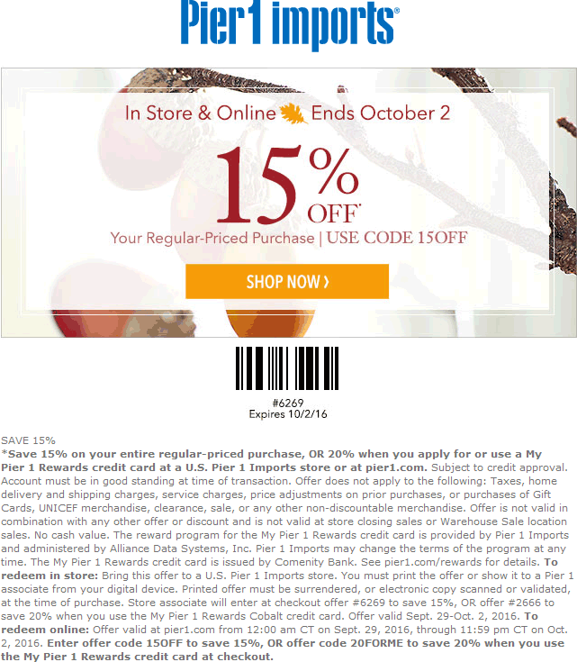 Pier 1 Coupon March 2024 15% off at Pier 1 Imports, or online via promo code 15OFF