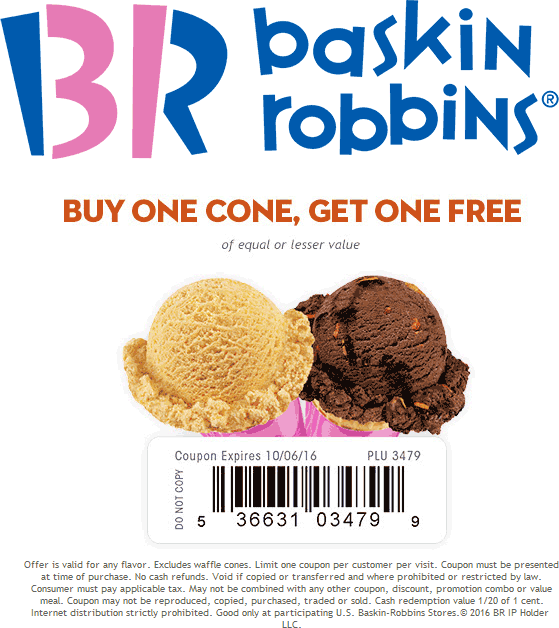 Baskin Robbins Coupon May 2024 Second ice cream cone free at Baskin Robbins