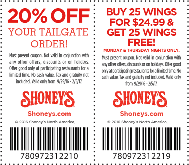 Shoneys Coupon April 2024 Second 25pc wings free & 20% off tailgate orders at Shoneys restaurants