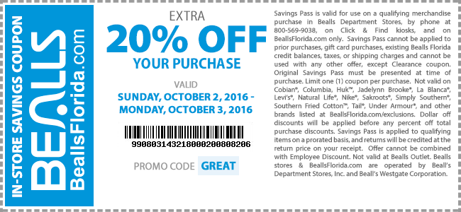 Bealls Coupon April 2024 20% off today at Bealls, or online via promo code GREAT
