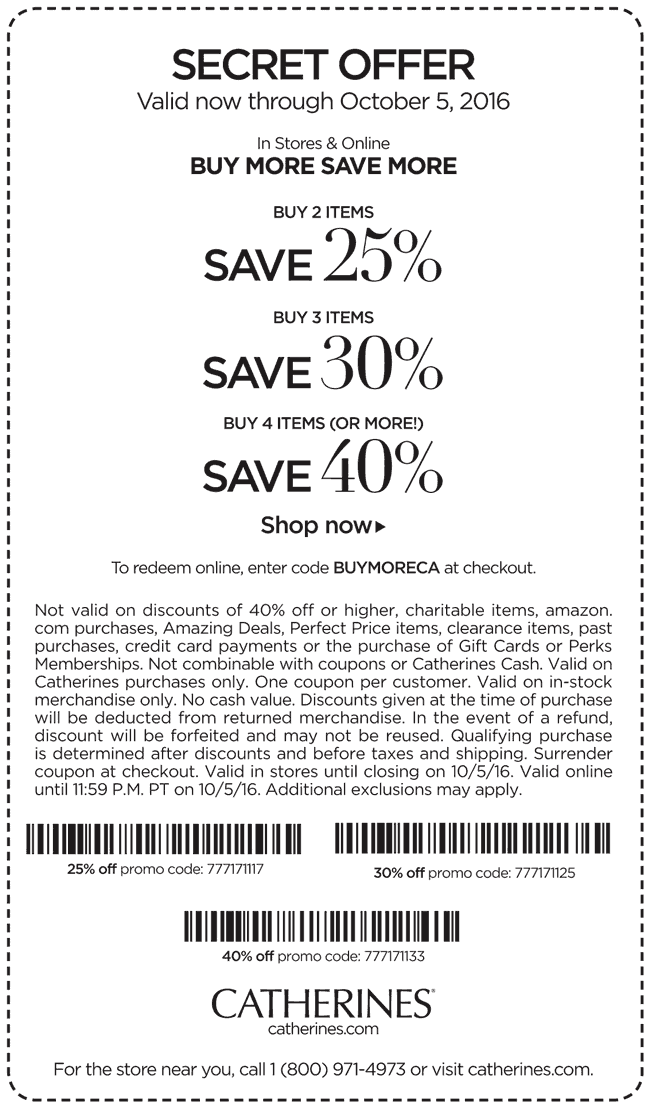 Catherines Coupon April 2024 25-40% off 2+ items at Catherines, or online via promo code BUYMORECA