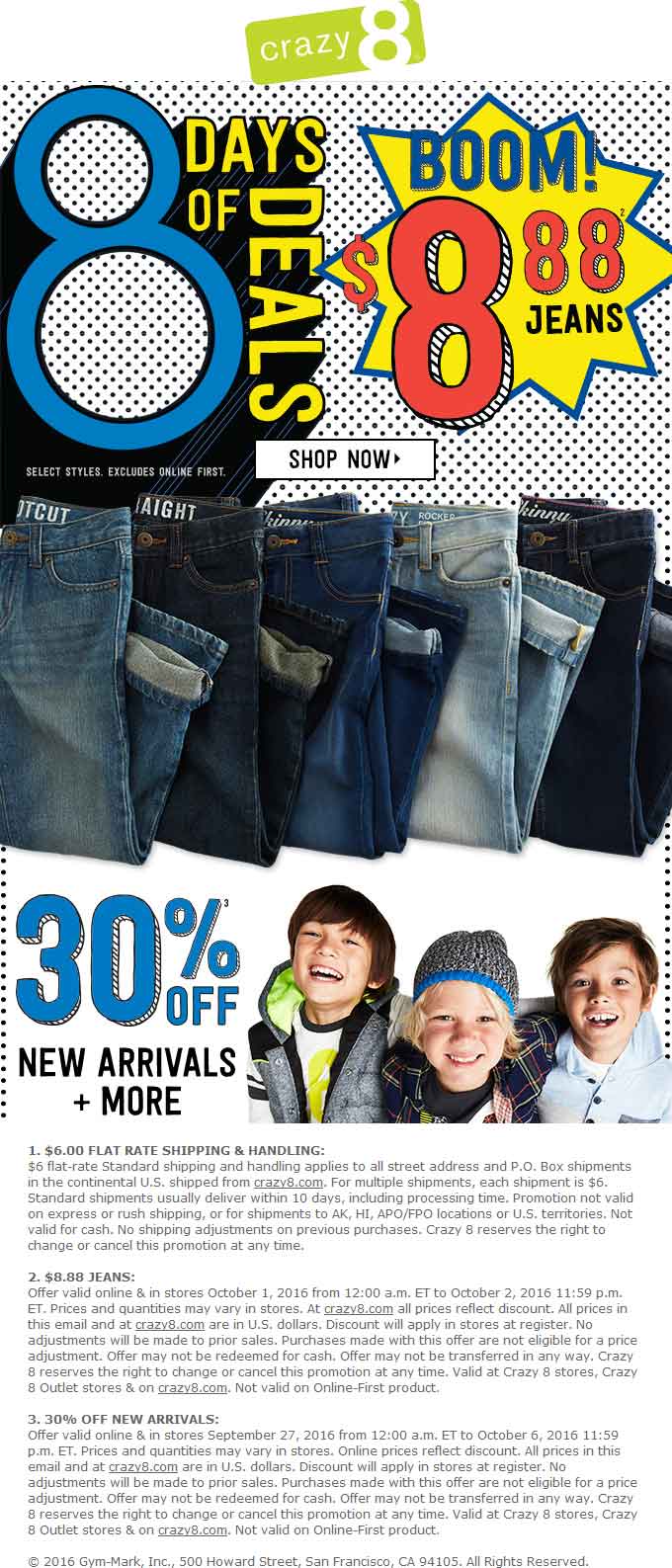 Crazy 8 Coupon April 2024 30% off new arrivals at Crazy 8 kidswear, ditto online