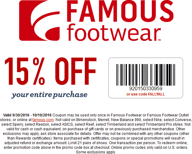 Famous Footwear Coupon March 2024 15% off at Famous Footwear, or online via promo code FALLYALL