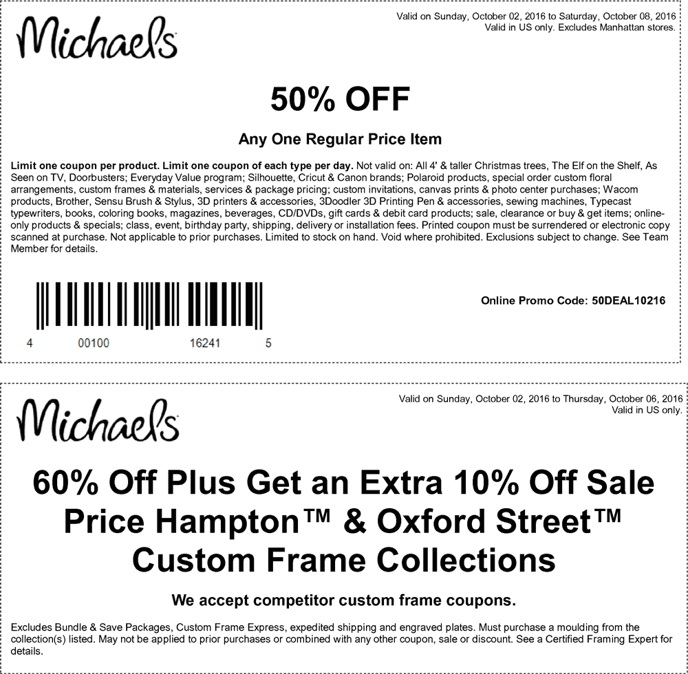 Michaels Coupon April 2024 50% off a single item at Michaels, or online via promo code 50DEAL10216