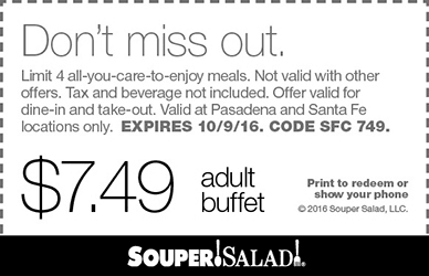 Souper Salad Coupon May 2024 $7.49 bottomless buffets at Souper Salad restaurants
