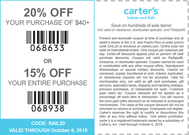 Carters Coupon April 2024 15-20% off at Carters, or online via promo code SAIL20