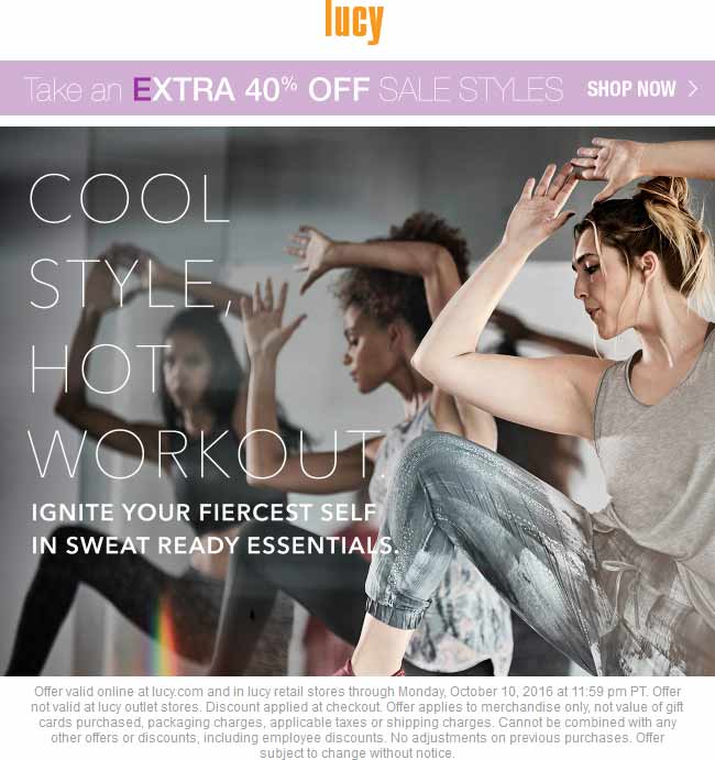 Lucy Coupon March 2024 Extra 40% off sale items at Lucy activewear, ditto online