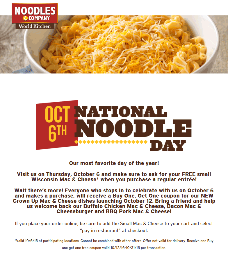 Noodles & Company Coupon April 2024 Free mac & cheese with your entree Thursday at Noodles & Company