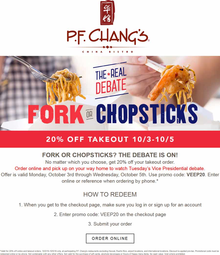 P.F. Changs Coupon April 2024 20% off takeout at P.F. Changs restaurant via promo code VEEP20