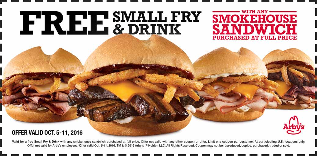 Arbys Coupon April 2024 Free fries & drink with your smokehouse sandwich at Arbys